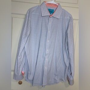 Christian Aujard Men's XXL Blue and peach Checkered button up Dress Shirt